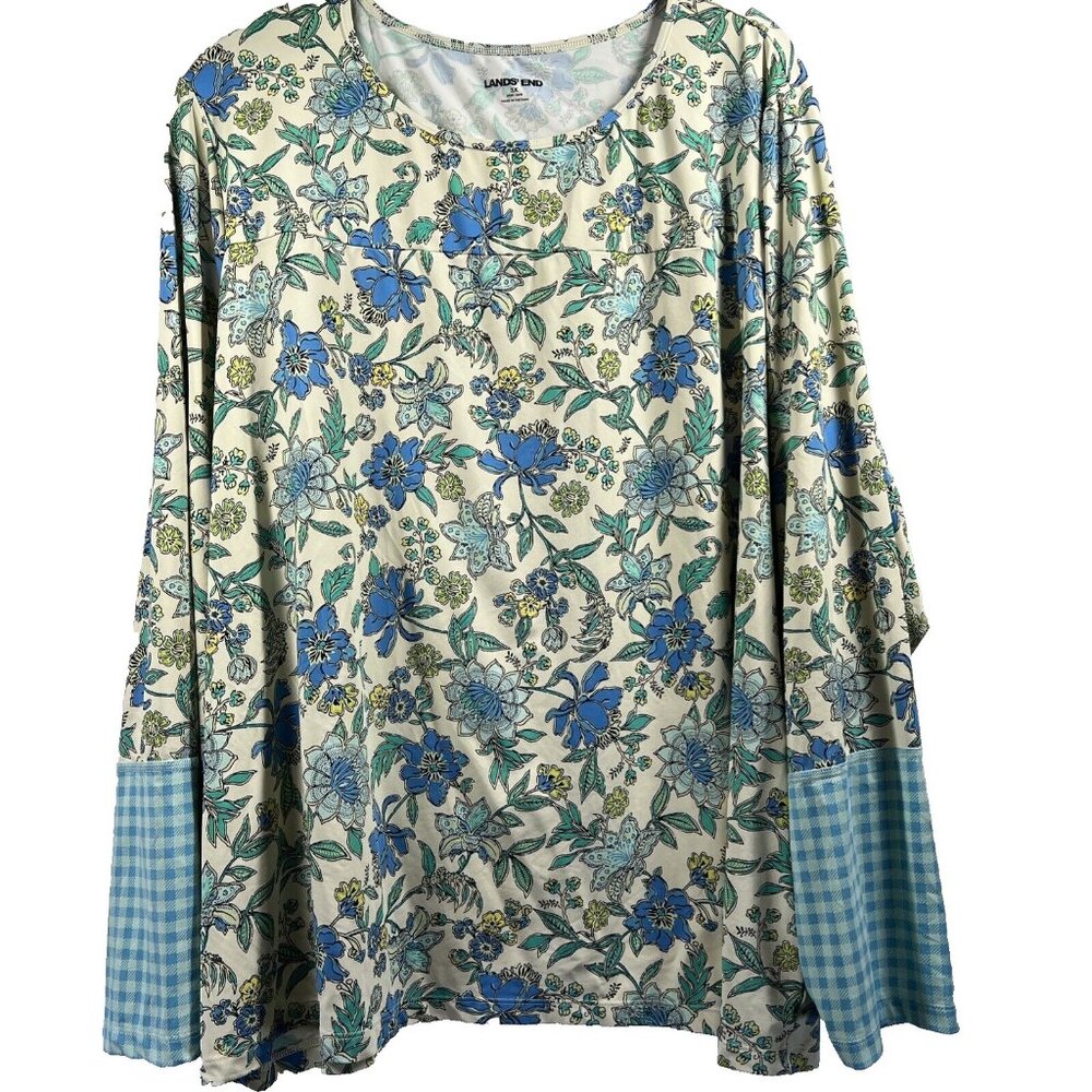 Lands End Women's Top Plus‎ 3X Mixed Prints Blue Green Floral Long Sleeve Nylon